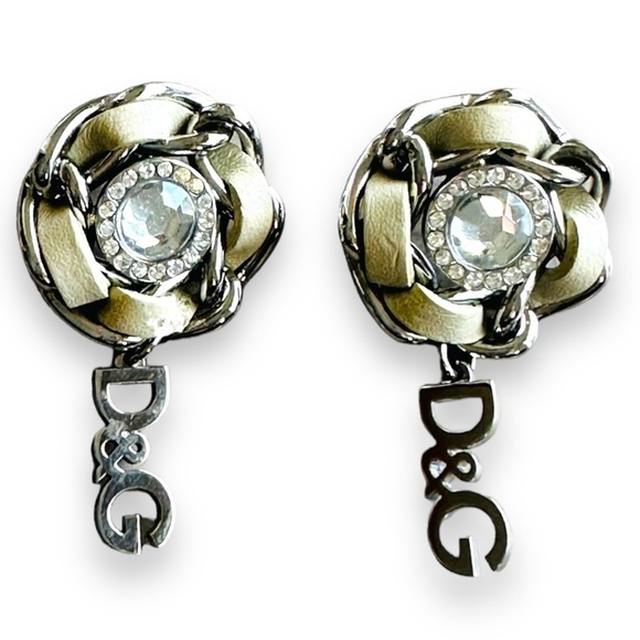 Dolce & Gabbana Vtg. silver tone drop earrings Rosette Logo Crystal Rhinestone - Picture 1 of 10